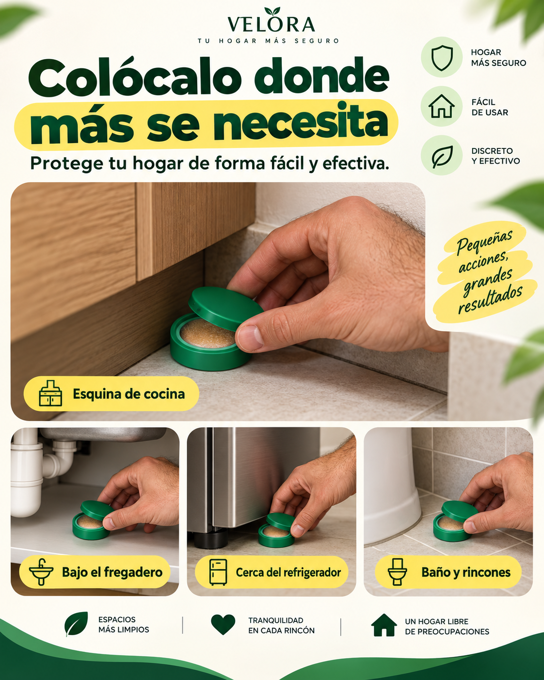 Colocación de un cebo MOONSPRY junto a un mueble y ejemplos de rincones de la cocina y el baño