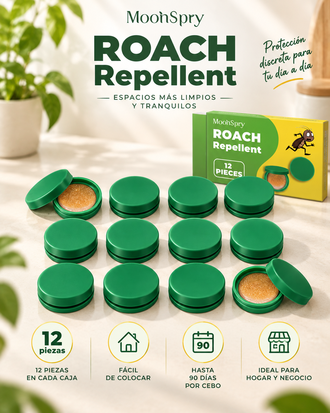 Caja MOONSPRY junto a sus 12 cebos verdes y detalles de cantidad y duración