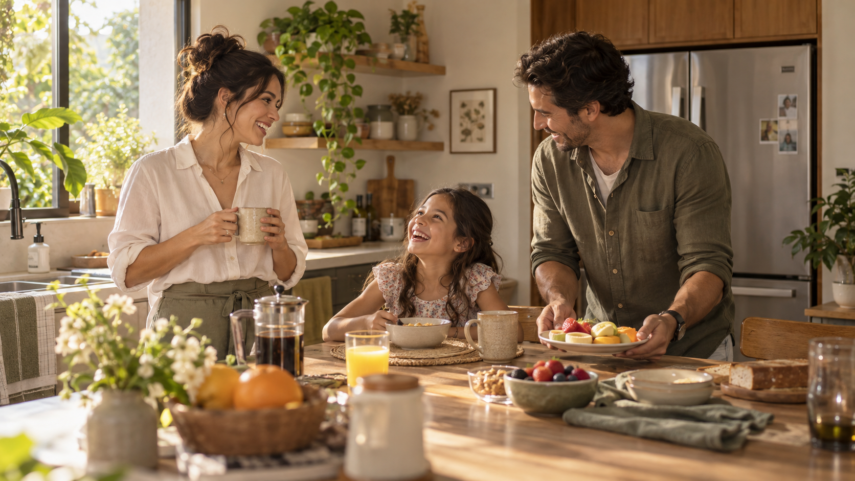 Familia compartiendo el desayuno en una cocina luminosa