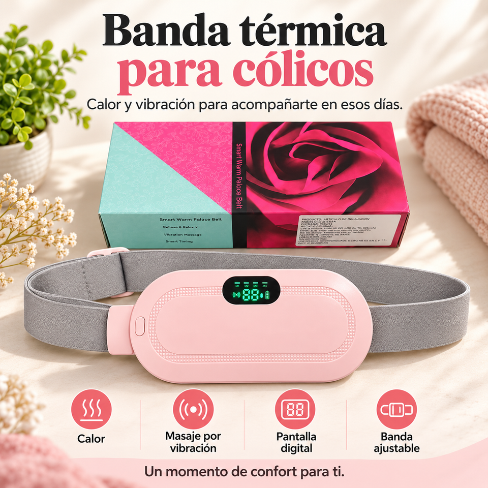 Banda térmica para cólicos junto a su empaque, con iconos de calor, vibración, pantalla y ajuste