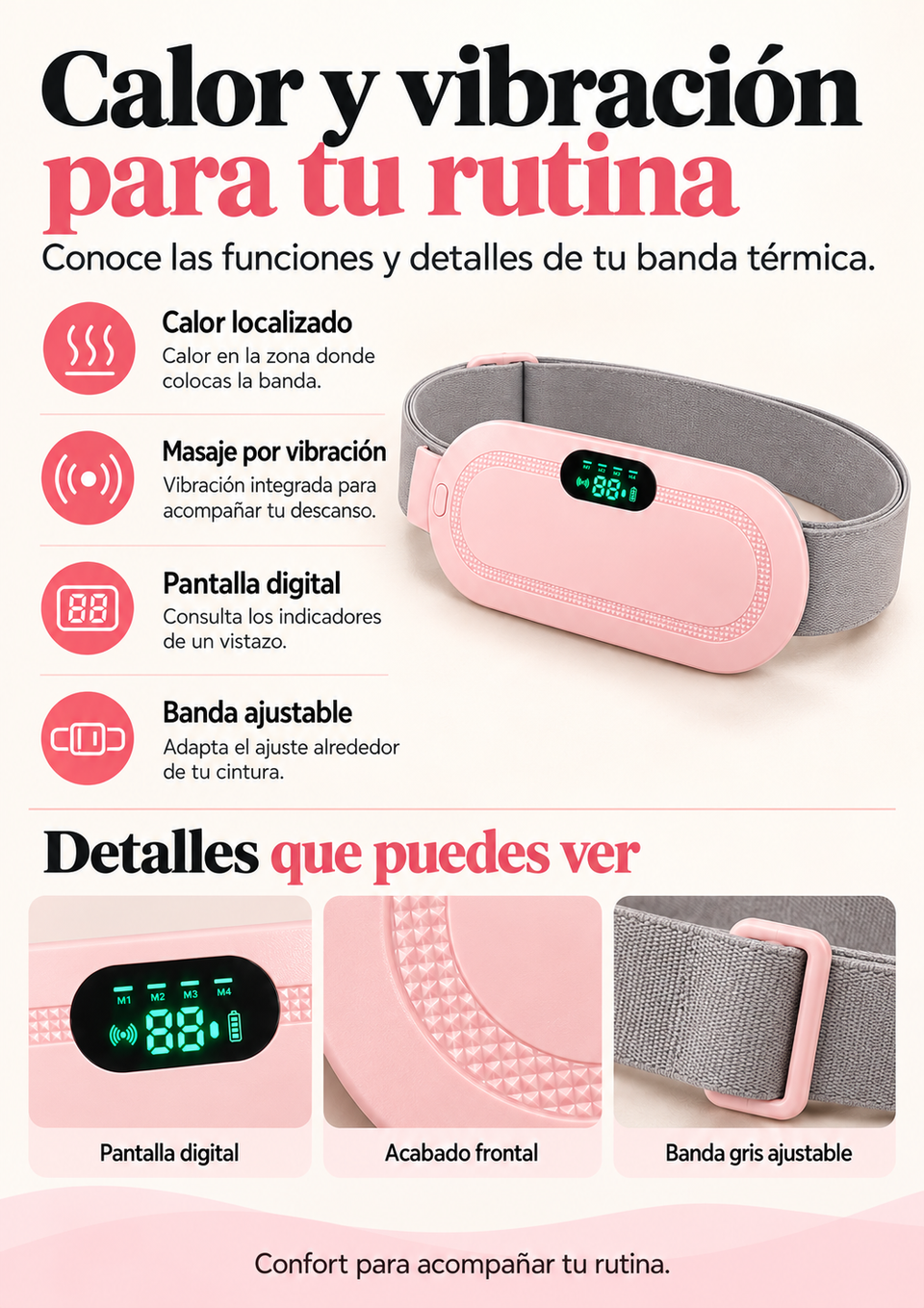 Funciones de calor, vibración, pantalla digital y ajuste, con acercamientos a los detalles de la banda